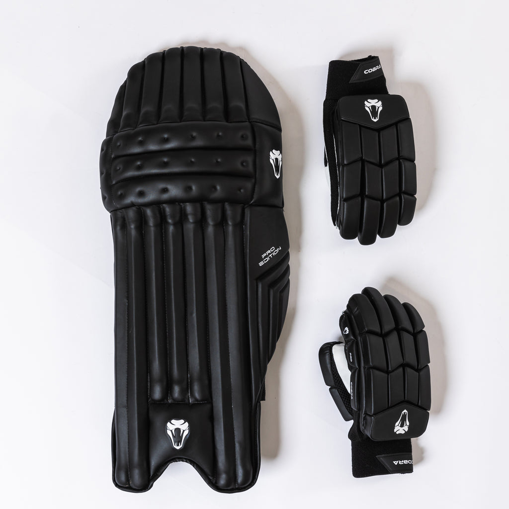 2025 PRO EDITION BLACK PADS & BLACK GLOVES BUNDLE - Cobra Cricket 